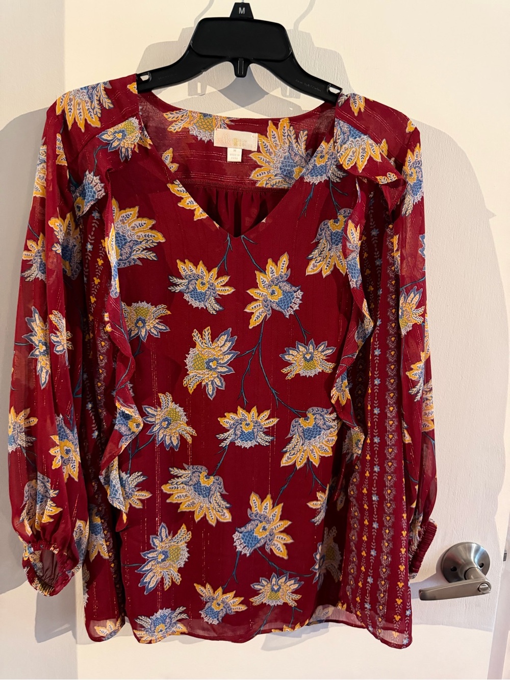Belle by Kim Gravel Burgundy Floral V-Neck Blouse